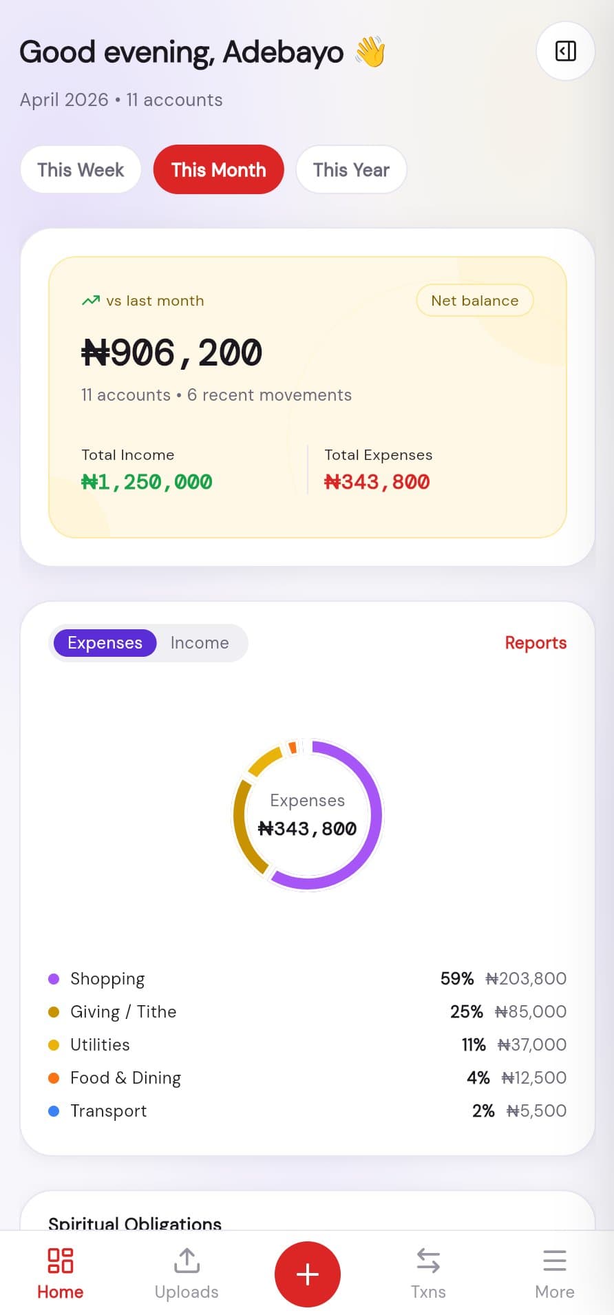 Moneytaw dashboard with budgets and account balances